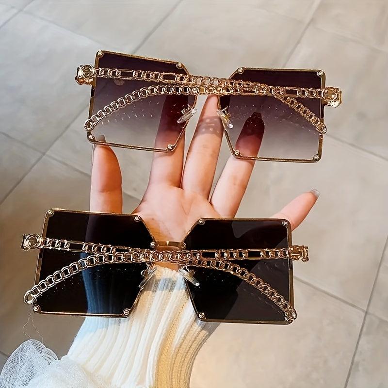 Oversized Square Metal Frame Sunglasses Gradient Lens Chain Temple Glasses UV400