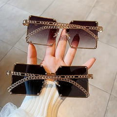 Oversized Square Metal Frame Sunglasses Gradient Lens Chain Temple Glasses UV400