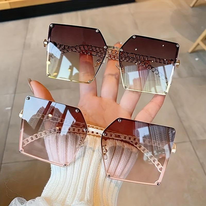 Oversized Square Metal Frame Sunglasses Gradient Lens Chain Temple Glasses UV400