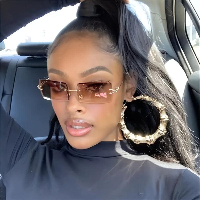 Vintage Rimless Rectangle Sunglasses Tinted Lens Metal Frameless Glasses