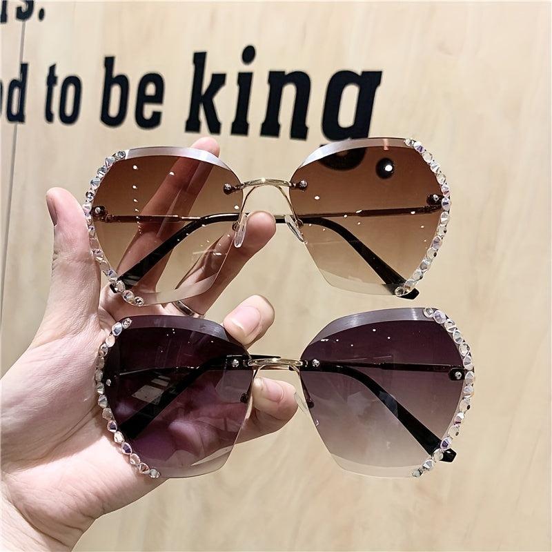 Rhinestone Oversized Rimless Sunglasses Gradient Metal Glasses