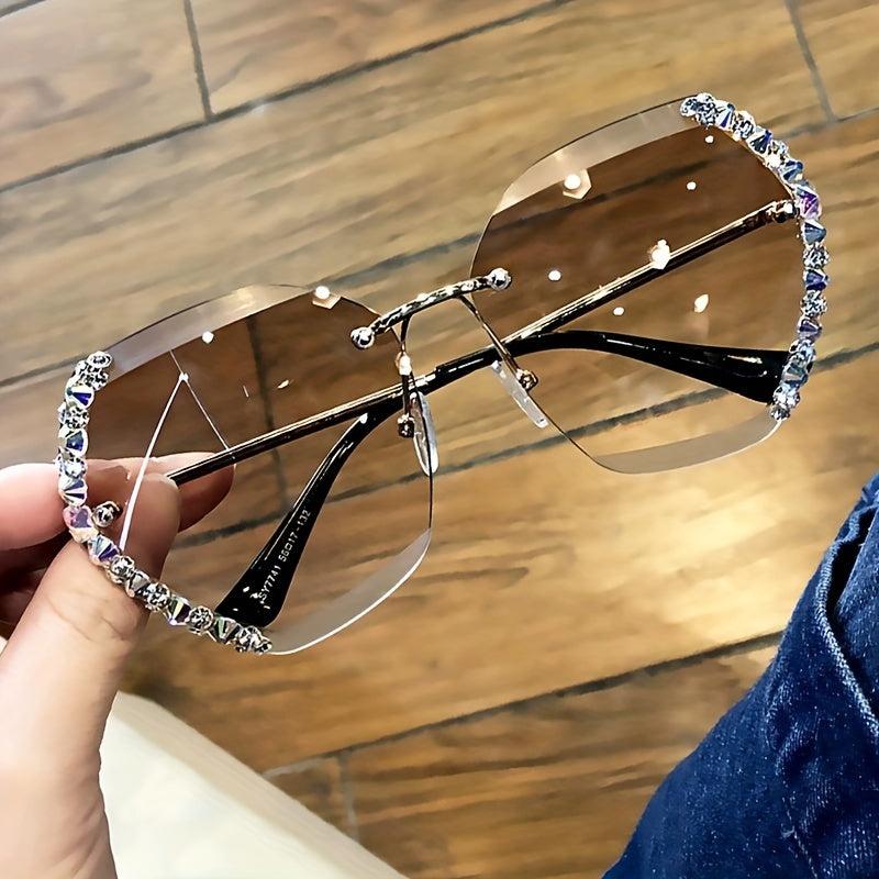Rhinestone Oversized Rimless Sunglasses Gradient Metal Glasses