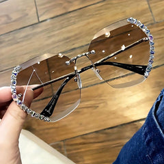 Rhinestone Oversized Rimless Sunglasses Gradient Metal Glasses
