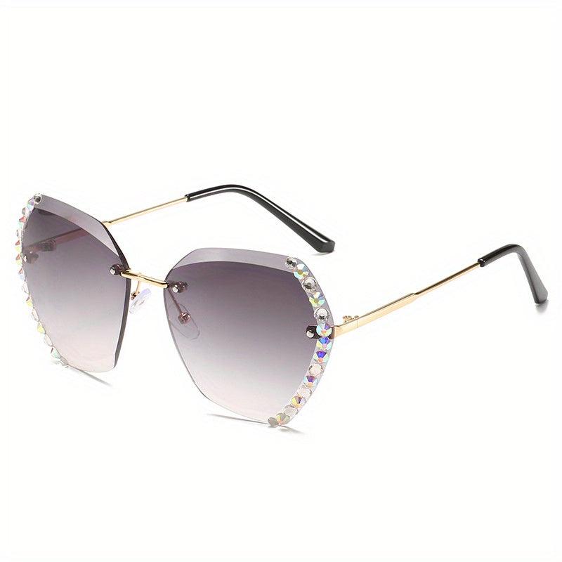 Rhinestone Oversized Rimless Sunglasses Gradient Metal Glasses