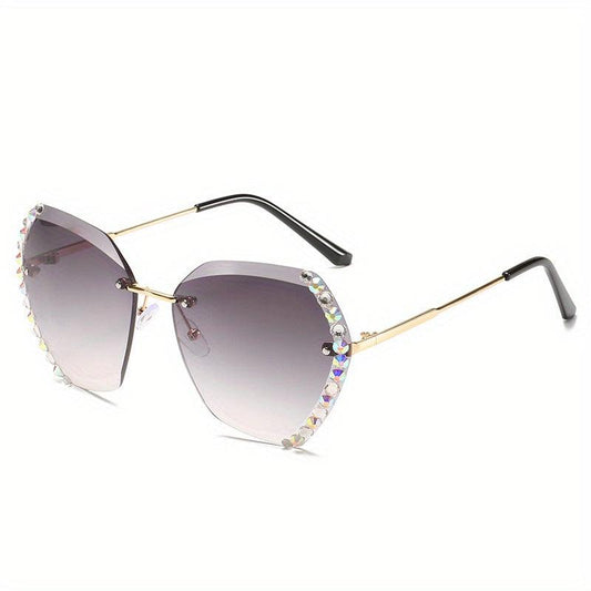 Rhinestone Oversized Rimless Sunglasses Gradient Metal Glasses