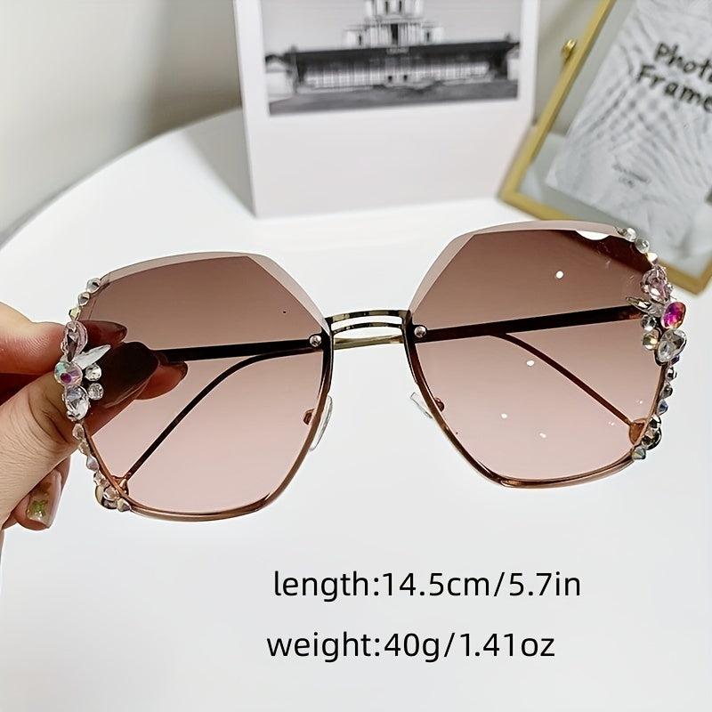Oversized Gradient Lens Sunglasses Rhinestone Decor Rimless Glasses UV400