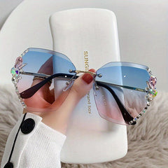 Oversized Gradient Lens Sunglasses Rhinestone Decor Rimless Glasses UV400