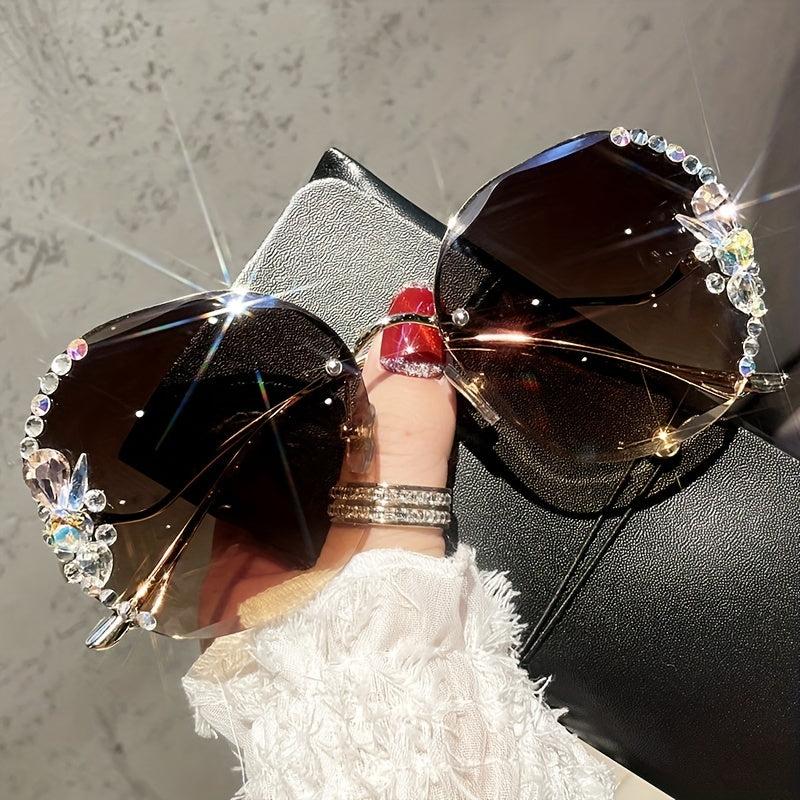 Oversized Gradient Lens Sunglasses Rhinestone Decor Rimless Glasses UV400