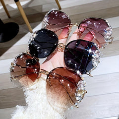 Oversized Gradient Lens Sunglasses Rhinestone Decor Rimless Glasses UV400