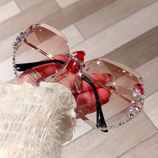 Oversized Gradient Lens Sunglasses Rhinestone Decor Rimless Glasses UV400