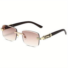Square Rimless Sunglasses Gradient Lens Metal Leopard Engraved Temple UV400