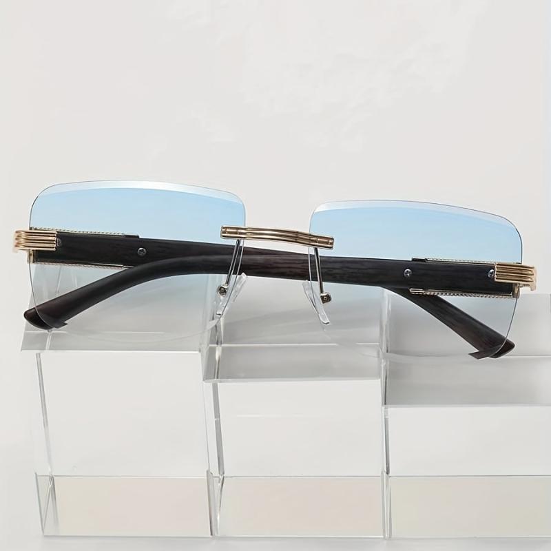 Square Rimless Sunglasses Gradient Lens Metal Leopard Engraved Temple UV400