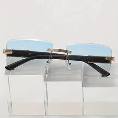 Square Rimless Sunglasses Gradient Lens Metal Leopard Engraved Temple UV400