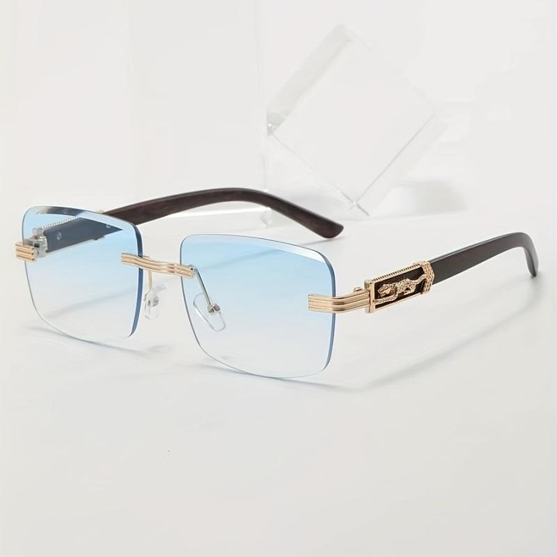 Square Rimless Sunglasses Gradient Lens Metal Leopard Engraved Temple UV400