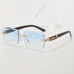 Square Rimless Sunglasses Gradient Lens Metal Leopard Engraved Temple UV400