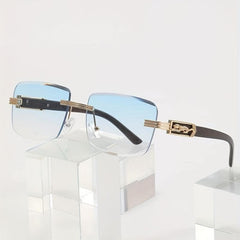 Square Rimless Sunglasses Gradient Lens Metal Leopard Engraved Temple UV400