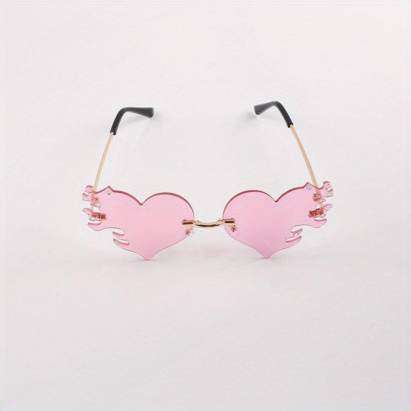 Rimless Flame Heart Sunglasses 90s Burning Glasses