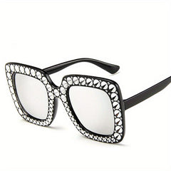 Square Frame Rhinestone Sunglasses Oversized Gradient Lens UV400