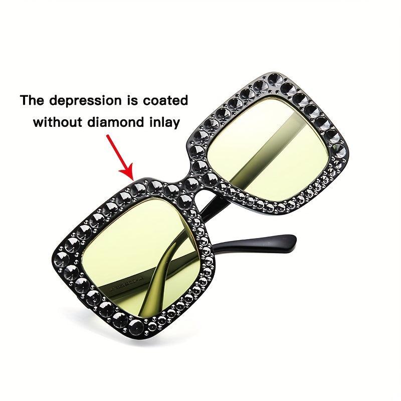 Square Frame Rhinestone Sunglasses Oversized Gradient Lens UV400