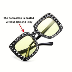 Square Frame Rhinestone Sunglasses Oversized Gradient Lens UV400