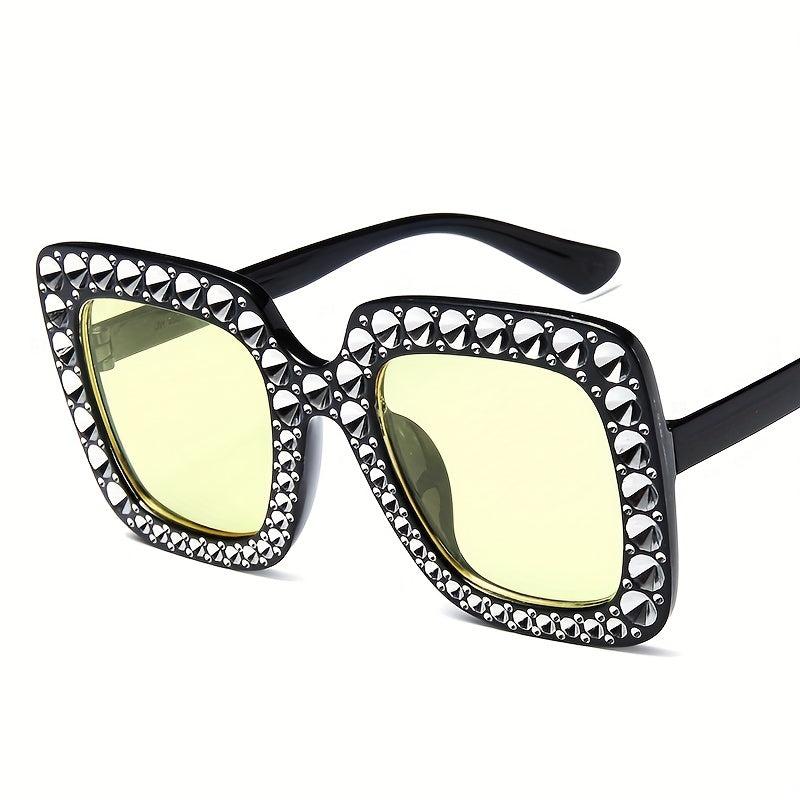 Square Frame Rhinestone Sunglasses Oversized Gradient Lens UV400