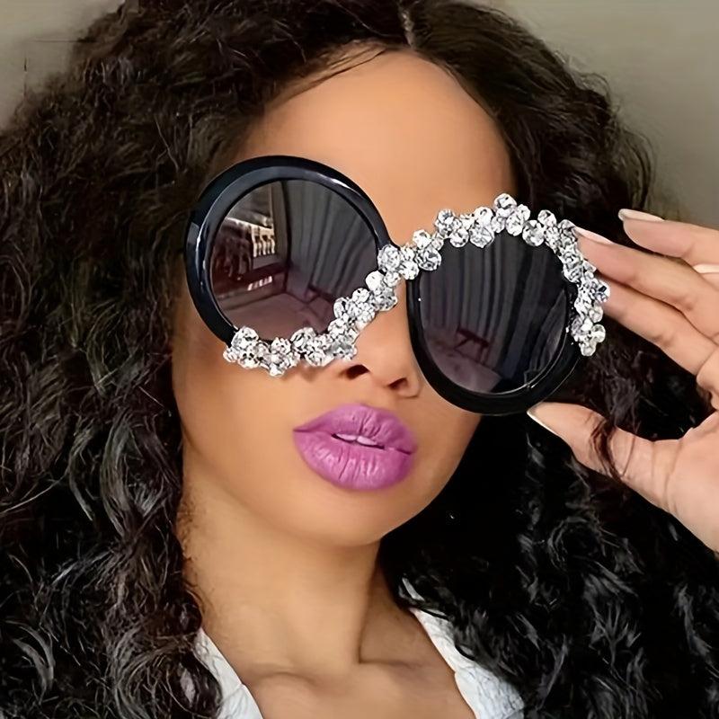 Oversized Round Frame Sunglasses Rhinestone Decor UV400