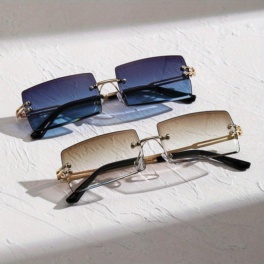 2 Pairs Men's Rimless Rectangle Frame Sunglasses with Zipper Case