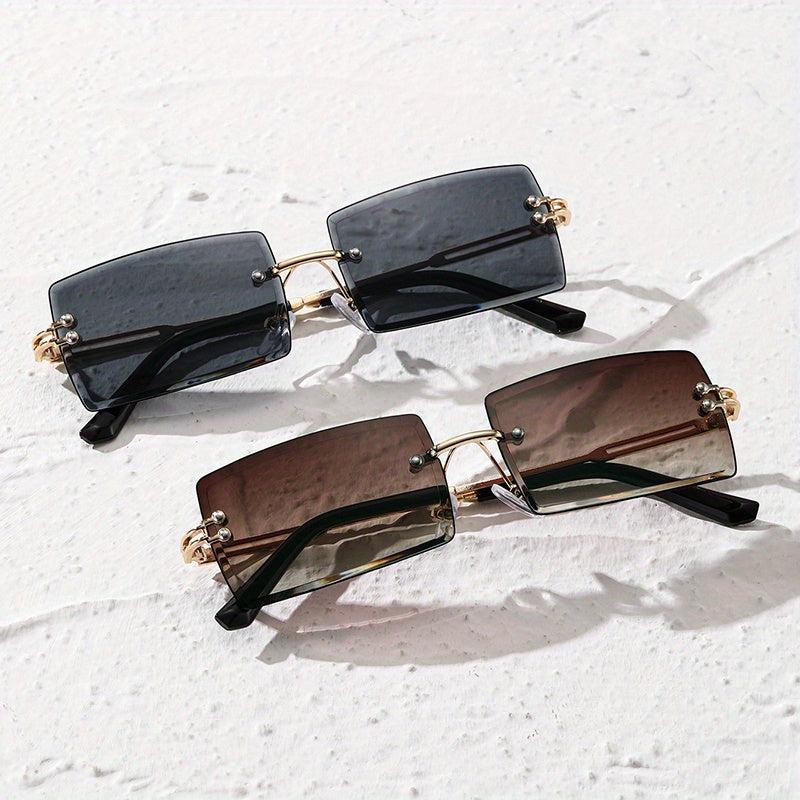 2 Pairs Men's Rimless Rectangle Frame Sunglasses with Zipper Case
