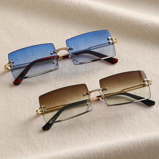 2 Pairs Men's Rimless Rectangle Frame Sunglasses with Zipper Case