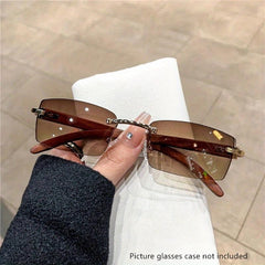 Rimless Rectangle Sunglasses Women Wooden Temple UV400