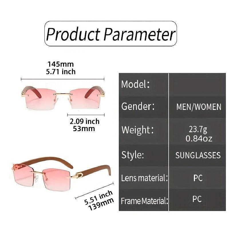 Rimless Rectangle Sunglasses Women Wooden Temple UV400