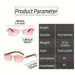 Rimless Rectangle Sunglasses Women Wooden Temple UV400