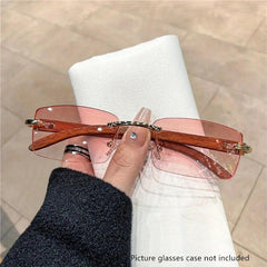 Rimless Rectangle Sunglasses Women Wooden Temple UV400