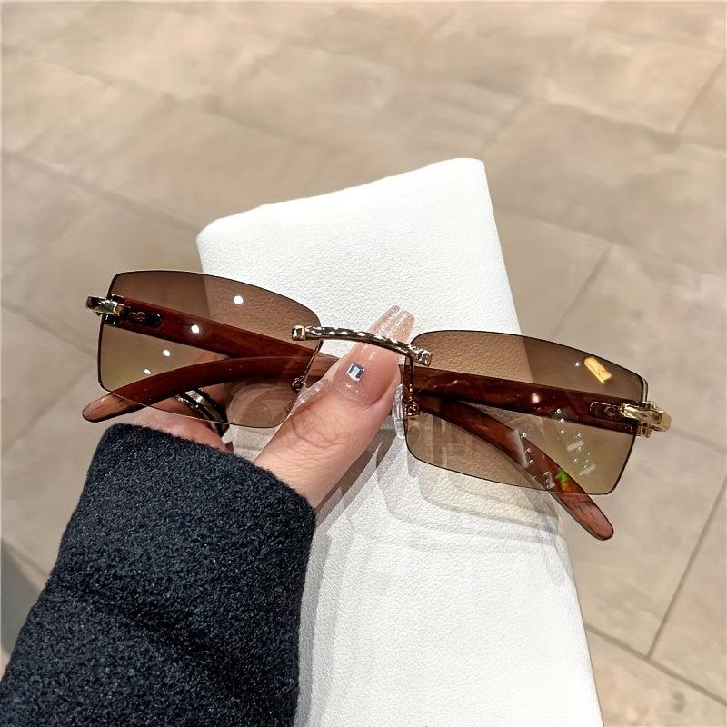 Rimless Rectangle Sunglasses Women Wooden Temple UV400