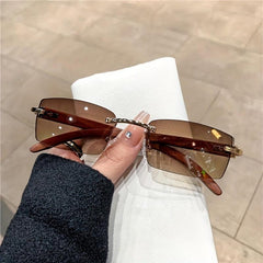 Rimless Rectangle Sunglasses Women Wooden Temple UV400