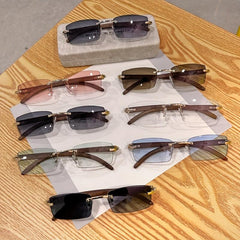 Rimless Rectangle Sunglasses Women Wooden Temple UV400