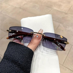 Rimless Rectangle Sunglasses Women Wooden Temple UV400