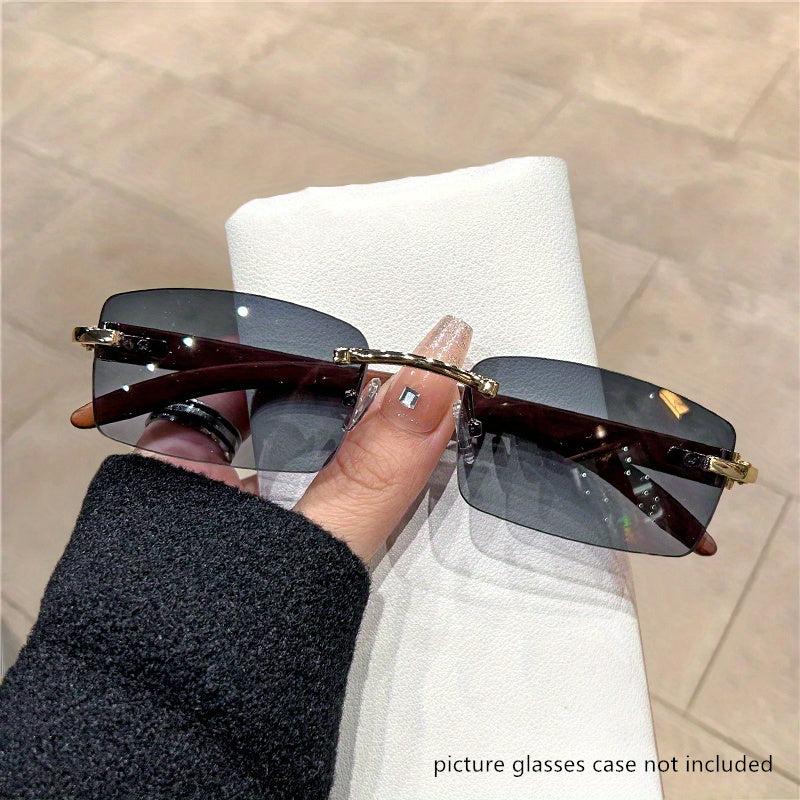 Rimless Rectangle Sunglasses Women Wooden Temple UV400