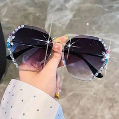 Rimless Ombre Lens Sunglasses Rhinestone Decor Oversized Cat Eye Eyewear