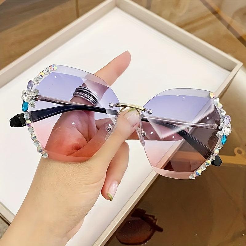 Rimless Ombre Lens Sunglasses Rhinestone Decor Oversized Cat Eye Eyewear
