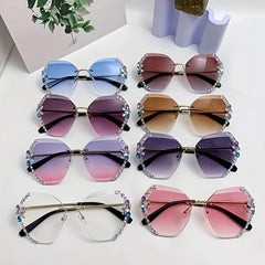 Rimless Ombre Lens Sunglasses Rhinestone Decor Oversized Cat Eye Eyewear