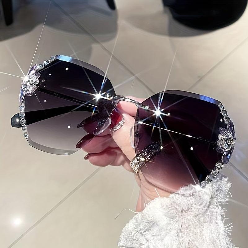 Rimless Ombre Lens Sunglasses Rhinestone Decor Oversized Cat Eye Eyewear