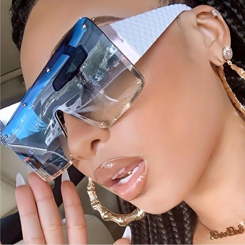 Ombre Lens Flat Top Sunglasses Rivet Decor Shield Eyewear UV400