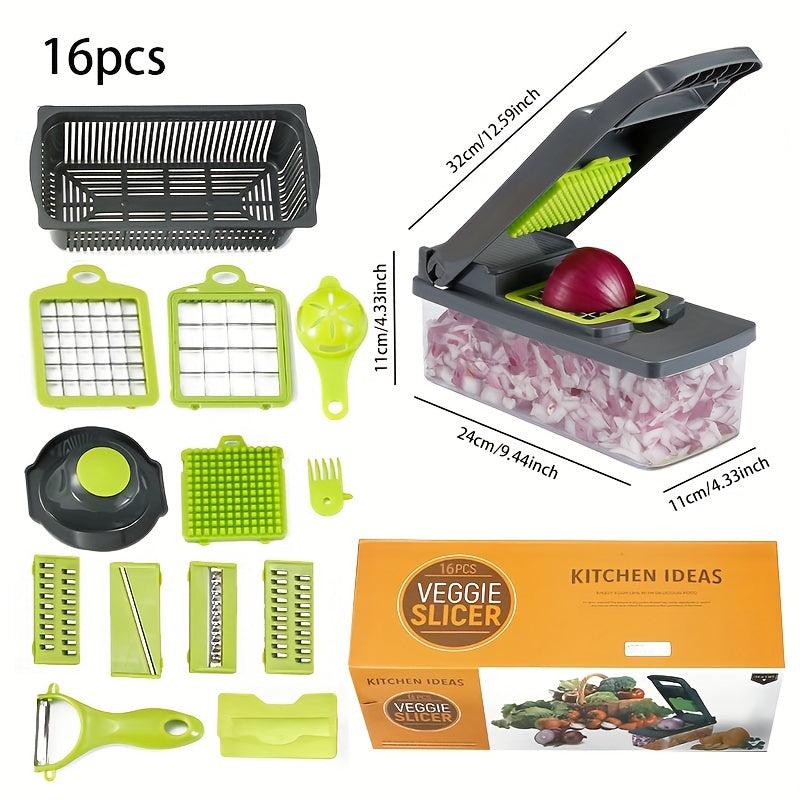 16-Piece Vegetable Chopper & Fruit Slicer with Container - Manual Food Grater