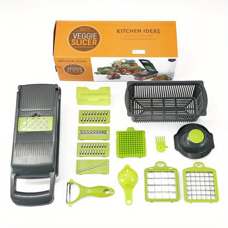 16-Piece Vegetable Chopper & Fruit Slicer with Container - Manual Food Grater