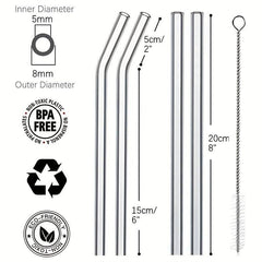 4pcs Reusable Glass Straws Bent Straight 8mm Eco Friendly Cocktail Straws