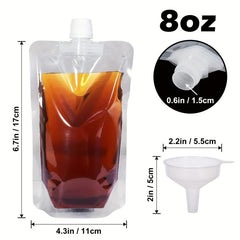 12pcs Clear 8 oz Juice Pouches with Funnel for Outdoor Travel