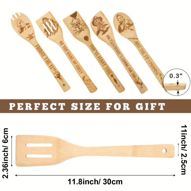 5pc Engraved Horror Spoons Bamboo Utensils for Halloween