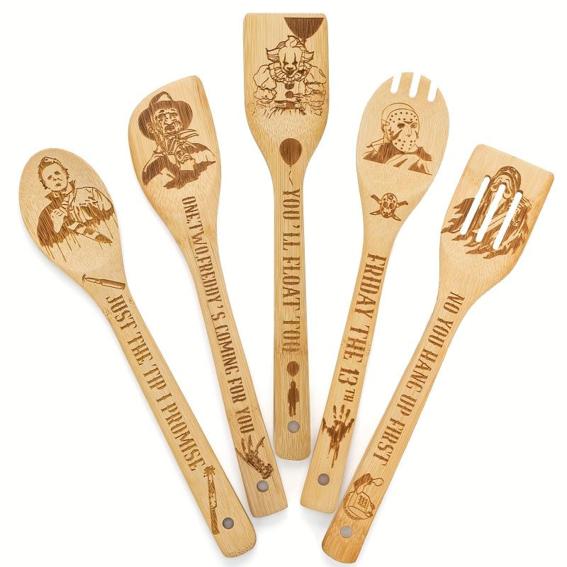5pc Engraved Horror Spoons Bamboo Utensils for Halloween
