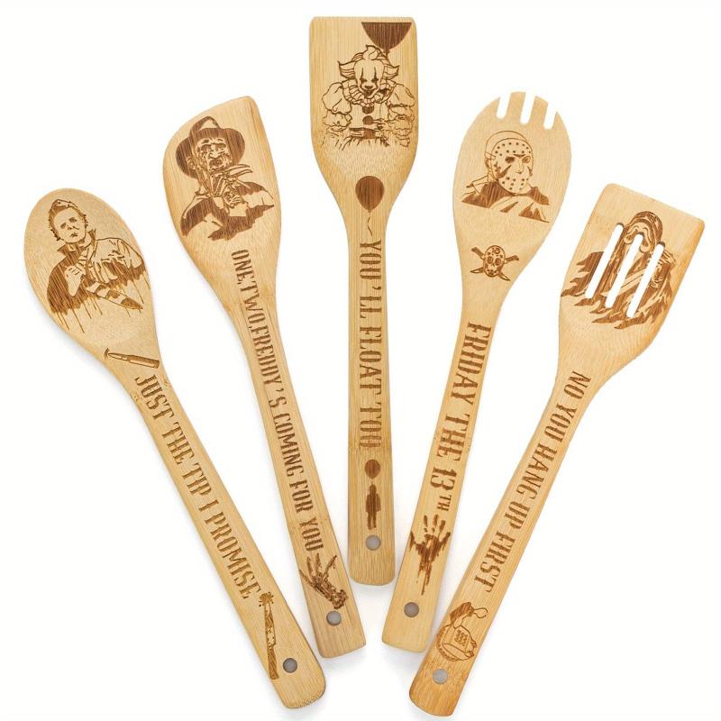 5pc Engraved Horror Spoons Bamboo Utensils for Halloween